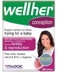 قرص ولهر کانسپشن | مکمل تقویت باروری و آمادگی قبل از بارداری قرص ولهر کانسپشن Wellher Conception برای تقویت باروری و آمادگی بارداری بانوان، حاوی فولیک اسید، اینوزیتول و ویتامینD ، B12 و ال-آرژنین