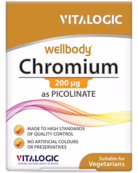 قرص wellbody Chromium | حاوی کروم (پیکولینات کروم) قرص ولبادی کروم Wellbody Chromium از برند Vitalogic مناسب کنترل قند خون و سلامت قلب با کاهش سطح کلسترول و تریگلیسیرید